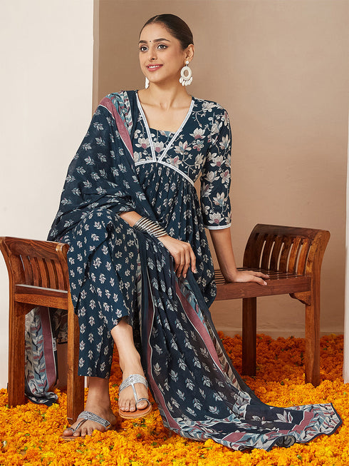 Janasya Women's Teal Blue Pure Cotton Floral Printed A-line Kurta Set